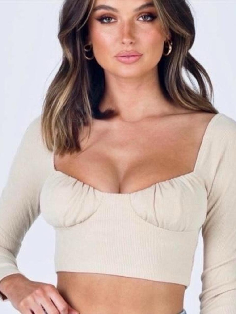 Princess Polly Cream Ribbed Sweetheart Long-Sleeve Crop Top